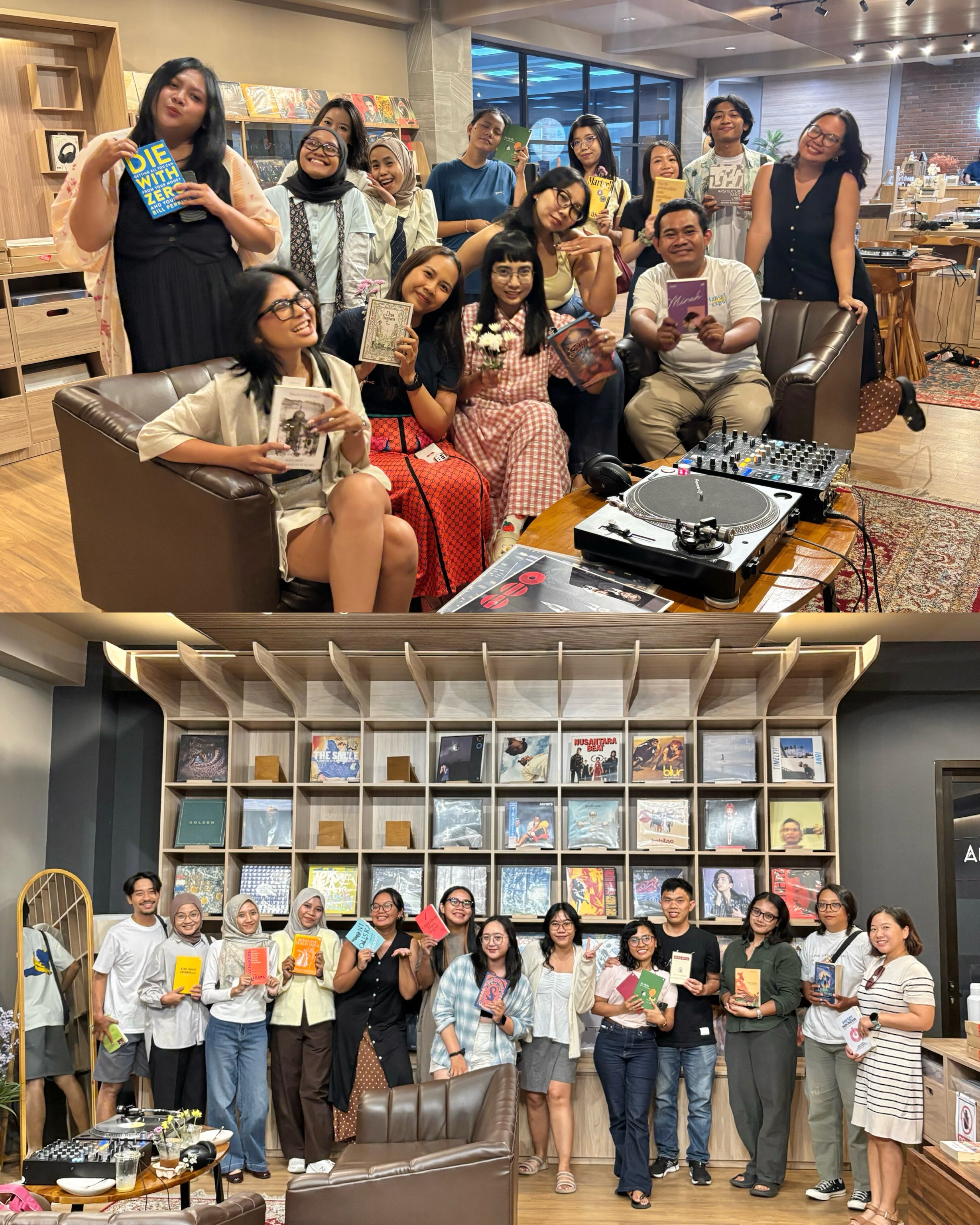 Foto bersama peserta Vinyl Book Club memegang buku masing-masing.